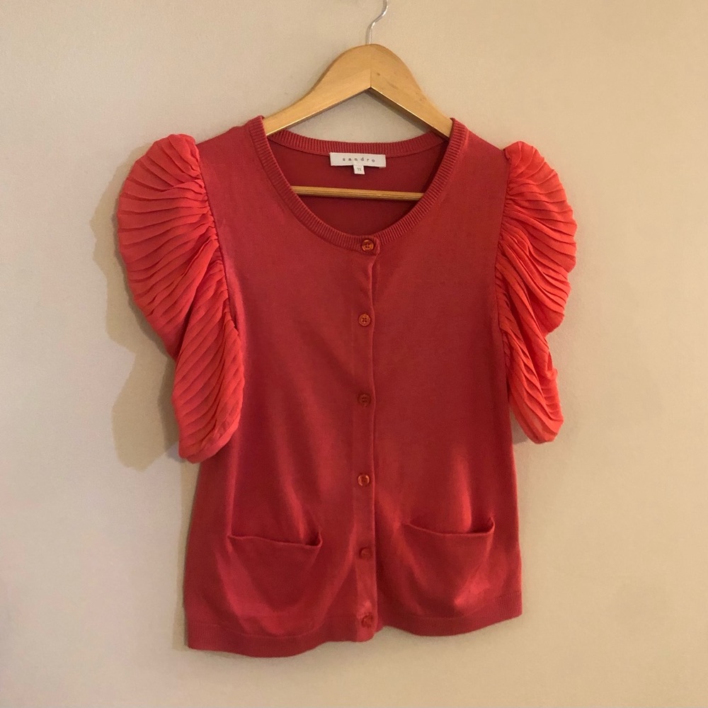 Sandro Pink Cardigan with Puff Sleeves